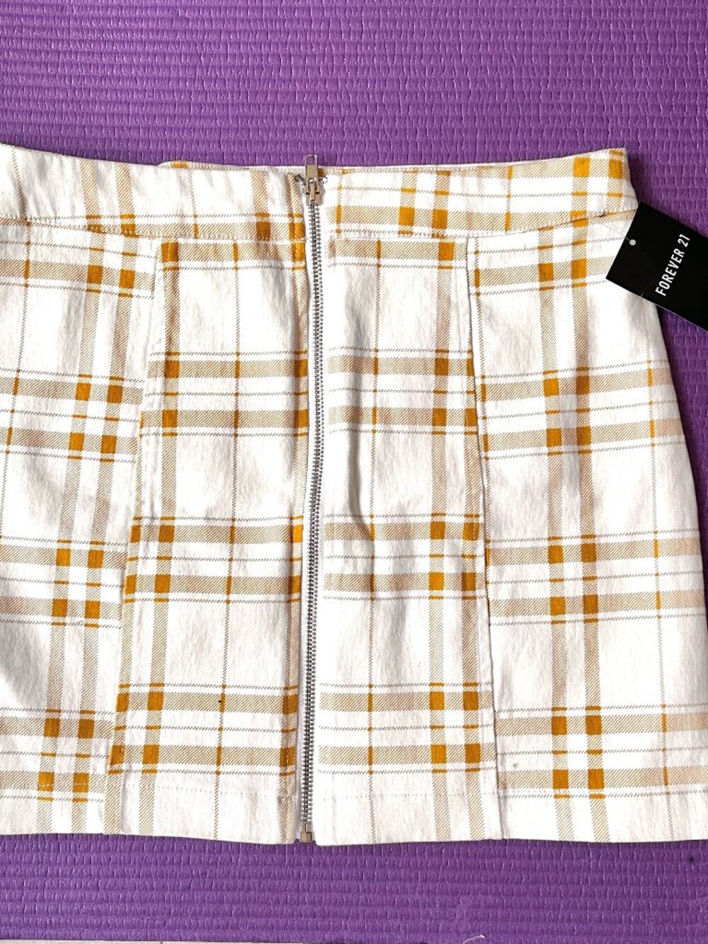 Women's Forever 21 Size L Yellow/White Plaid Front Zip Mini Skirt NEW WITH TAG